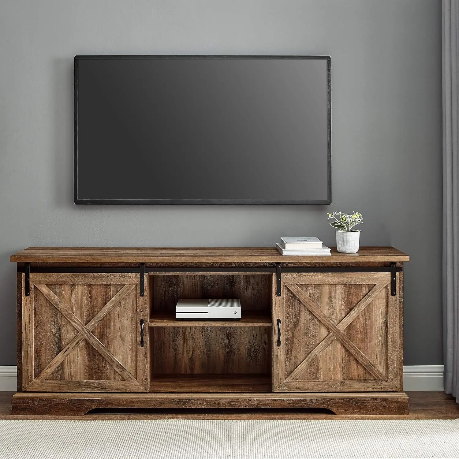 

Walker Edison Corbin Modern Farmhouse TV Stand,Sliding X Barn Door,For TVs Up To 80 Inches,70 Inch,Reclaimed Barnwood,Rustic Oak