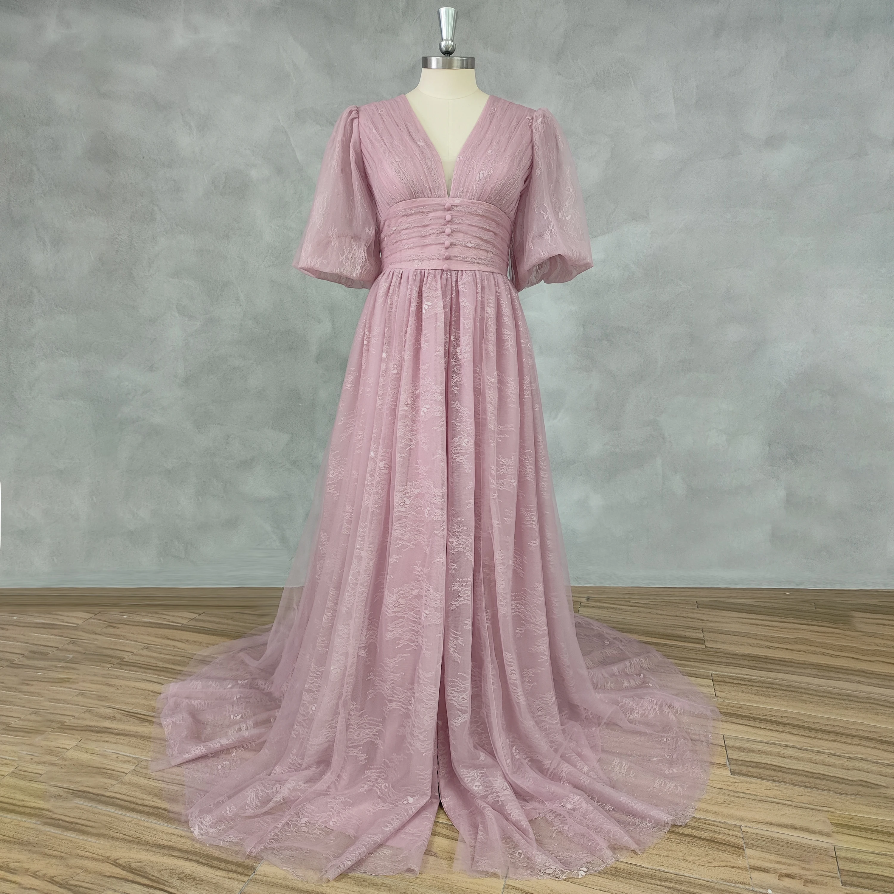 

DIDEYTTAWL Real Photos Pink Puff Sleeves Ruched V-Neck A-Line Prom Dress High Slit Lace Zipper Back Court Train Party Gown