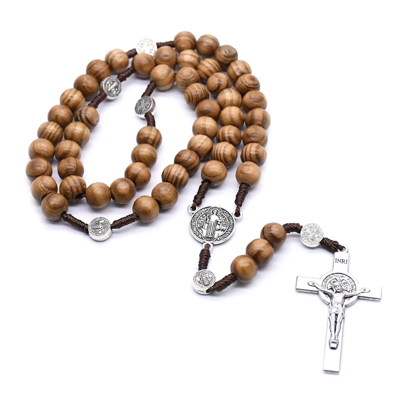 Handmade Round Bead Rosary Necklace for Men with Cross Jesus Pendant