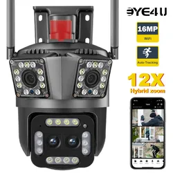 8K 16MP Outdoor WiFi Camera 12X Zoom Four Lens Three Screen PTZ Camera 360° Surveillance Cameras Motion Tracking Security Camera