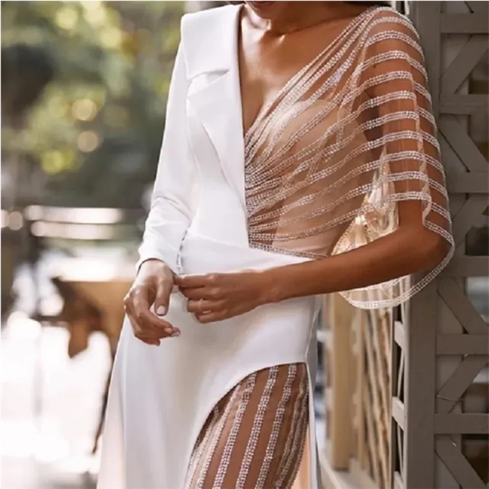 Women's Wedding Attire Dress Long Sleeve Tulle V-neck Back Slit Sexy Wedding Dress Prom Party Evening Dress Fashion Women'sWear