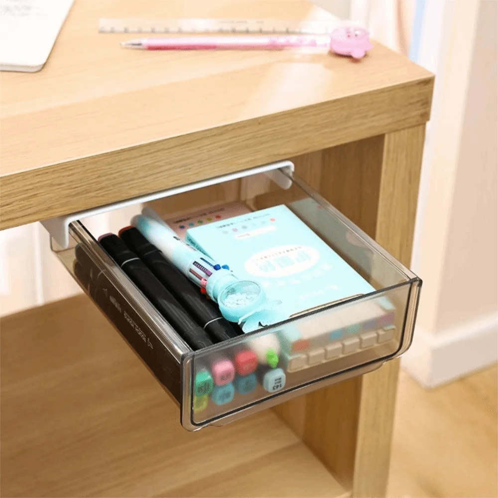 Cassetto Trasparente Sotto Scrivania, Ampio Vano Portaoggetti Estraibile, Organizzatore Salvaspazio Autoadesivo per Forniture da Ufficio