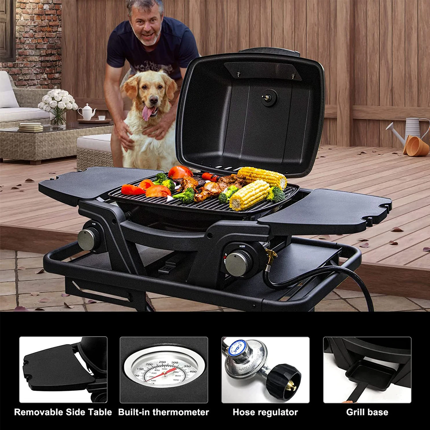 Portable Gas Grill With Burner,Tabletop Propane Gas Grill for