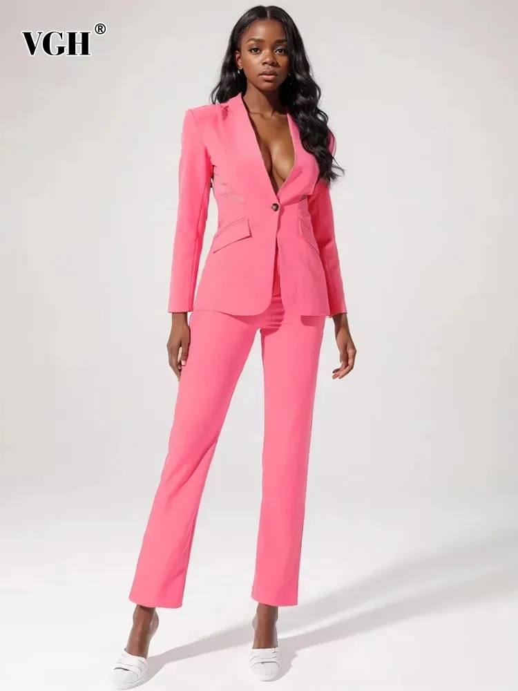 

Женский брючный костюм VGH, однотонный комплект из двух предметов, пиджак с отложным воротником и длинным рукавом, с вырезами, прямые свободные брюки с высокой талией, повседневные комплекты для женщин