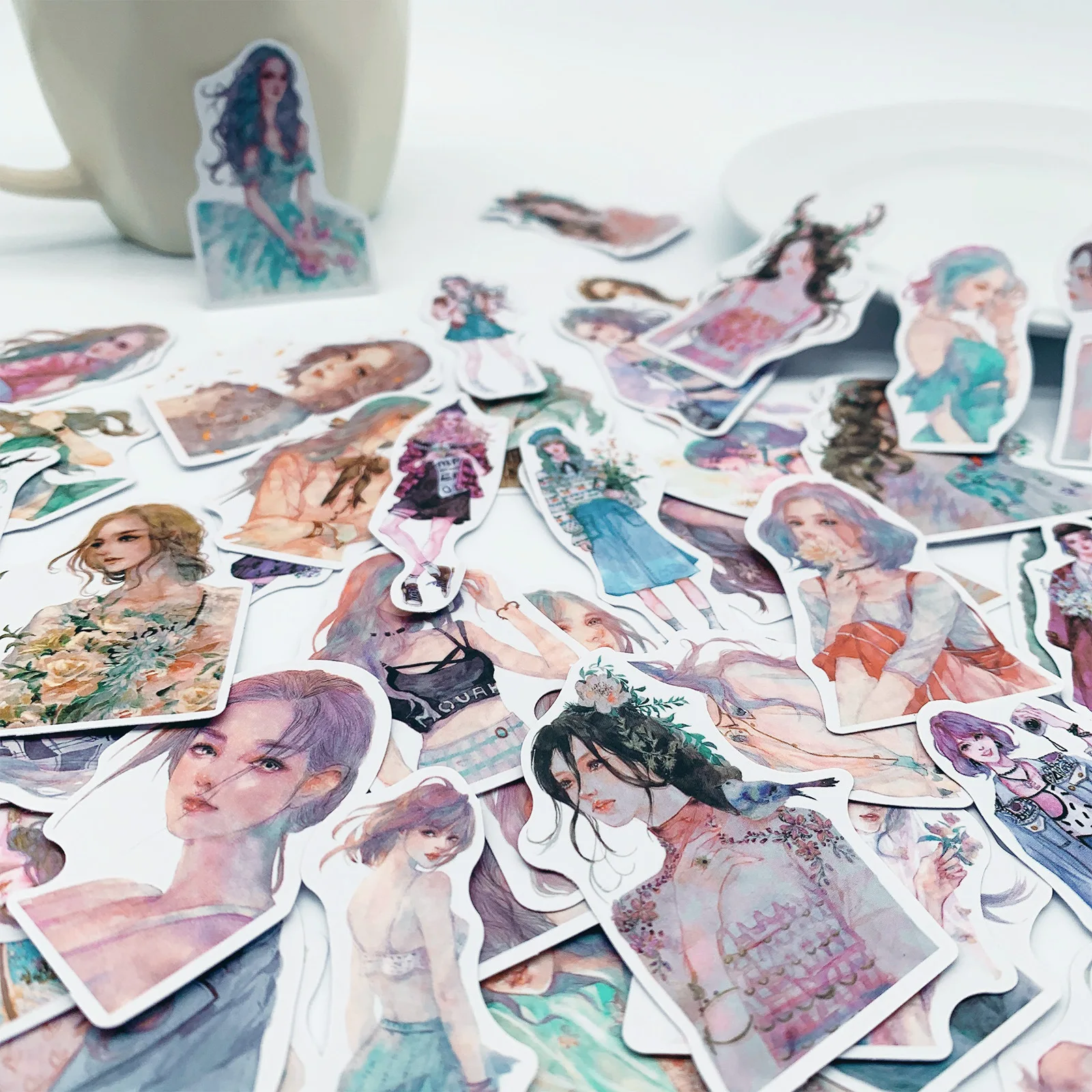 50PCS Vintage Cute Hand Painted Girl Stickers DIY Scrapbooking Collage Phone Diary Album Gift Seal Decoration