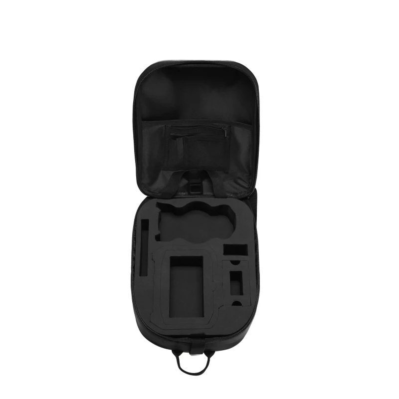 Intérieur du sac à dos DJI Mini 5 Pro avec compartiments rembourrés pour drone, télécommande et batteries.