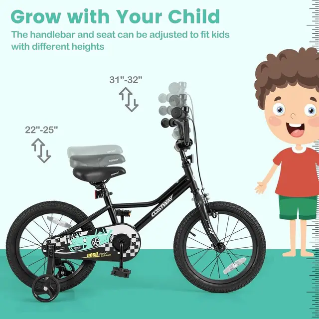 Children's 12-18 Inch Bike with Training Wheels, Pneumatic Tires, Adjustable Seat & Handlebar, Dual Brake System for Ages 3-8
