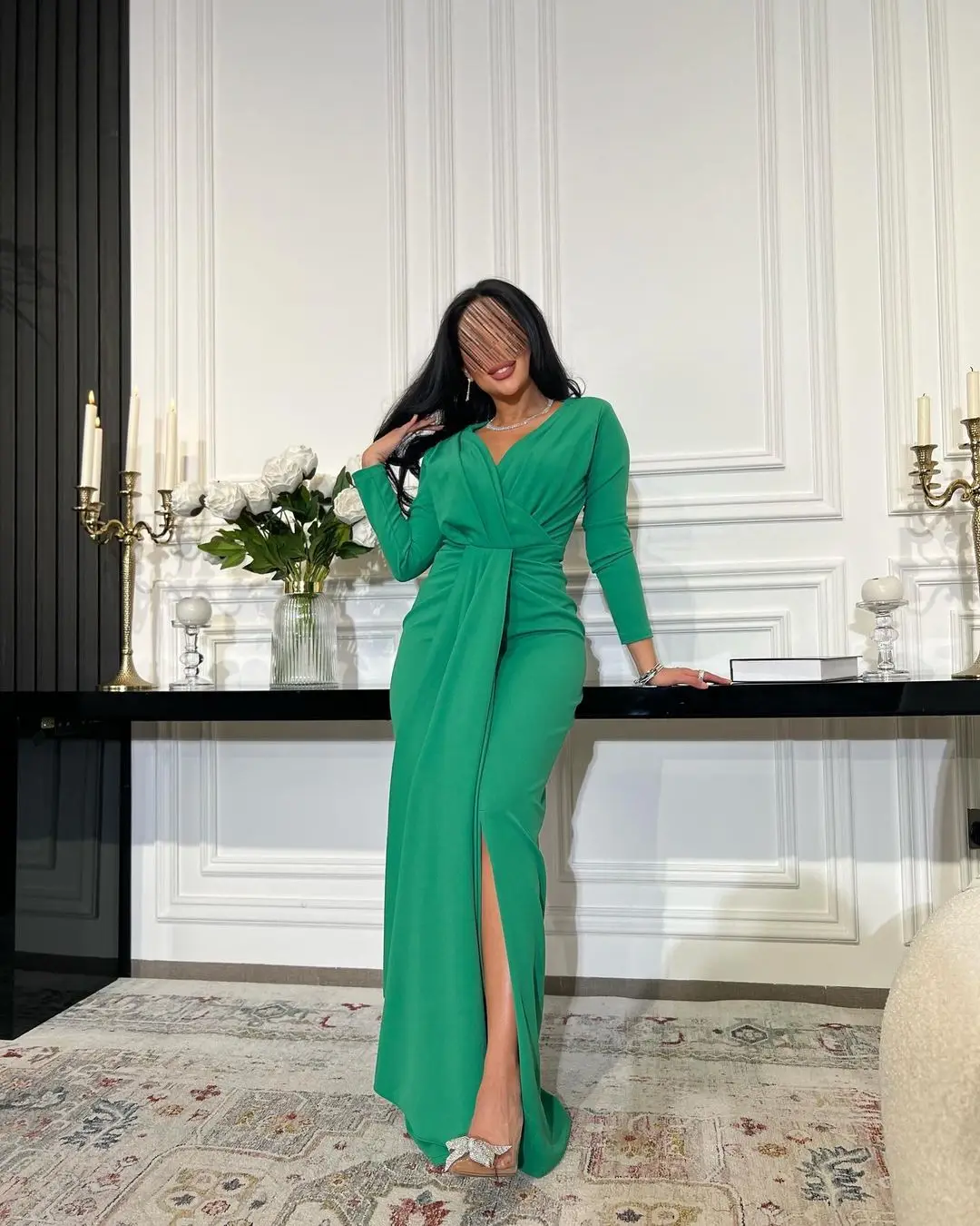 

Vintage Mermaid Long Sleeve Prom Dresses V Neck Back Zipper Pleated Floor Length Women Evening Dresses Party Dresses