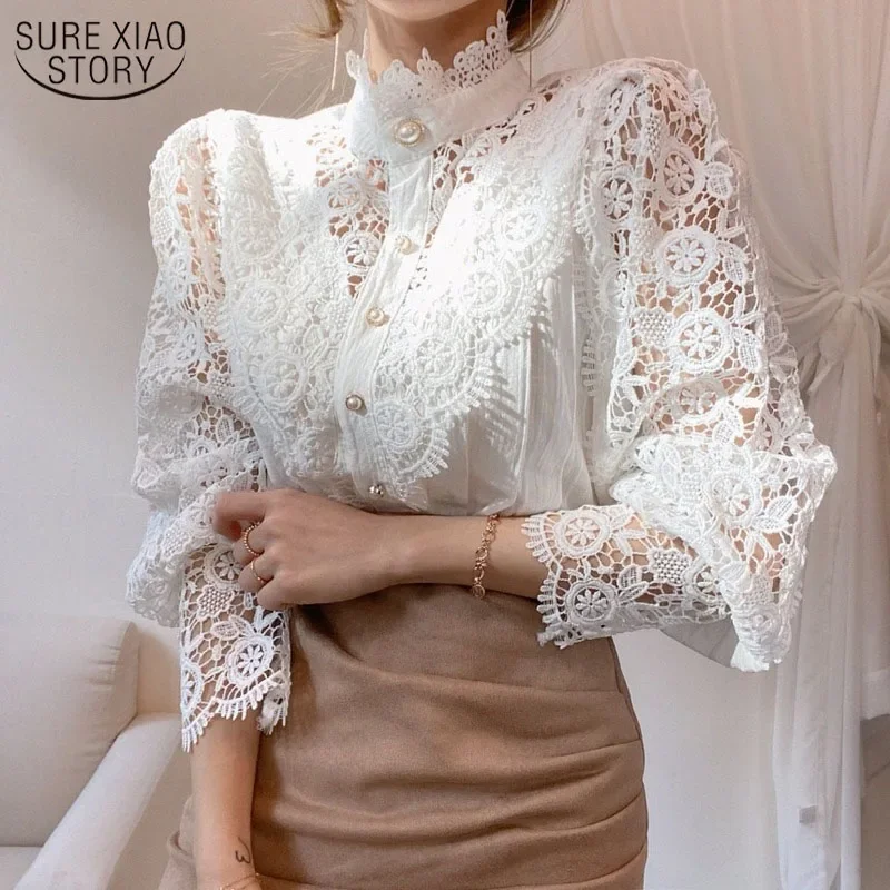 

Korean Chic Lace Blouse Women White Patchwork Shirt Button Hollow Out Tops Flower Stand Collar Blusas Petal Sleeve Blouses 12419