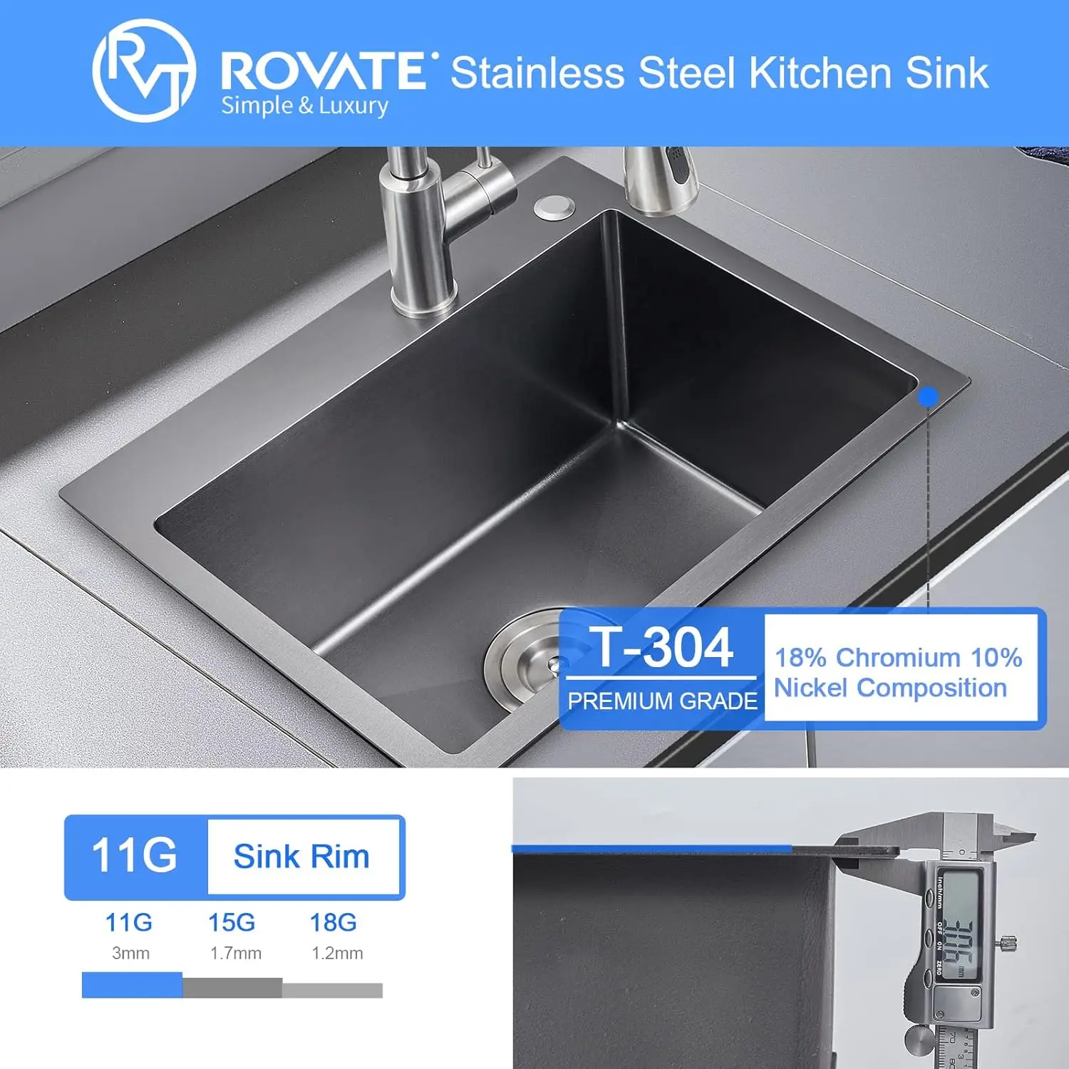 ROVATE 20x16 inch Drop-in Kitchen Sink Single Bowl Black Nano Top-Mount Kitchen Sink Handmade 304 Stainless Steel Overmount