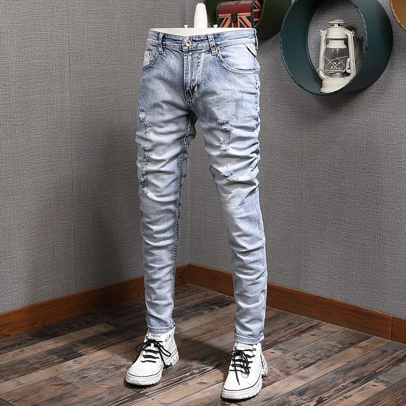 Newly Designer Fashion Men Jeans Retro Light Blue Elastic Slim Fit Destroyed Ripped Jeans Men Streetwear Hip Hop Denim Pants white blue black hole jeans men fashion casual baggy straight jeans men streetwear loose hip hop ripped denim pants men m 2xl