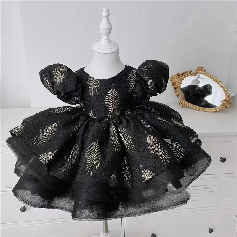 

New Princess dress Korean baby black bubble sleeve open back irregular dresses children's summer Girls' birthday party Clothing