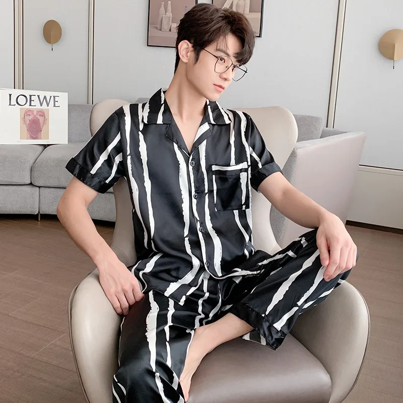 Men's 2 Piece Pajama Set Striped Pijama Faux Silk Satin Pyjama Male Sleepwear Short Sleeve Lapel Shirt Pants Suits Homewear