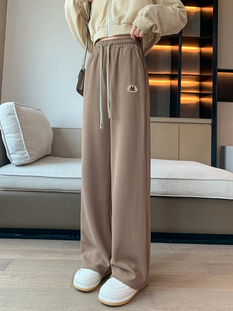 

Elegant Textured Wide Leg Pants Black Women Korean Fashion Autumn Winter Elastic Waist Loose Straight Trouser Beige Streetwear