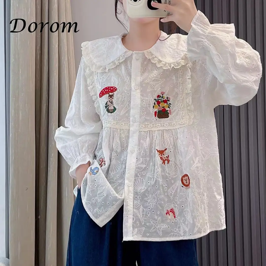 

Белая льняная рубашка с винтажной вышивкой, Женская Осенняя блузка с воротником «Питер Пэн» и пуговицами, милый топ в японском стиле преппи в стиле девушки Мори