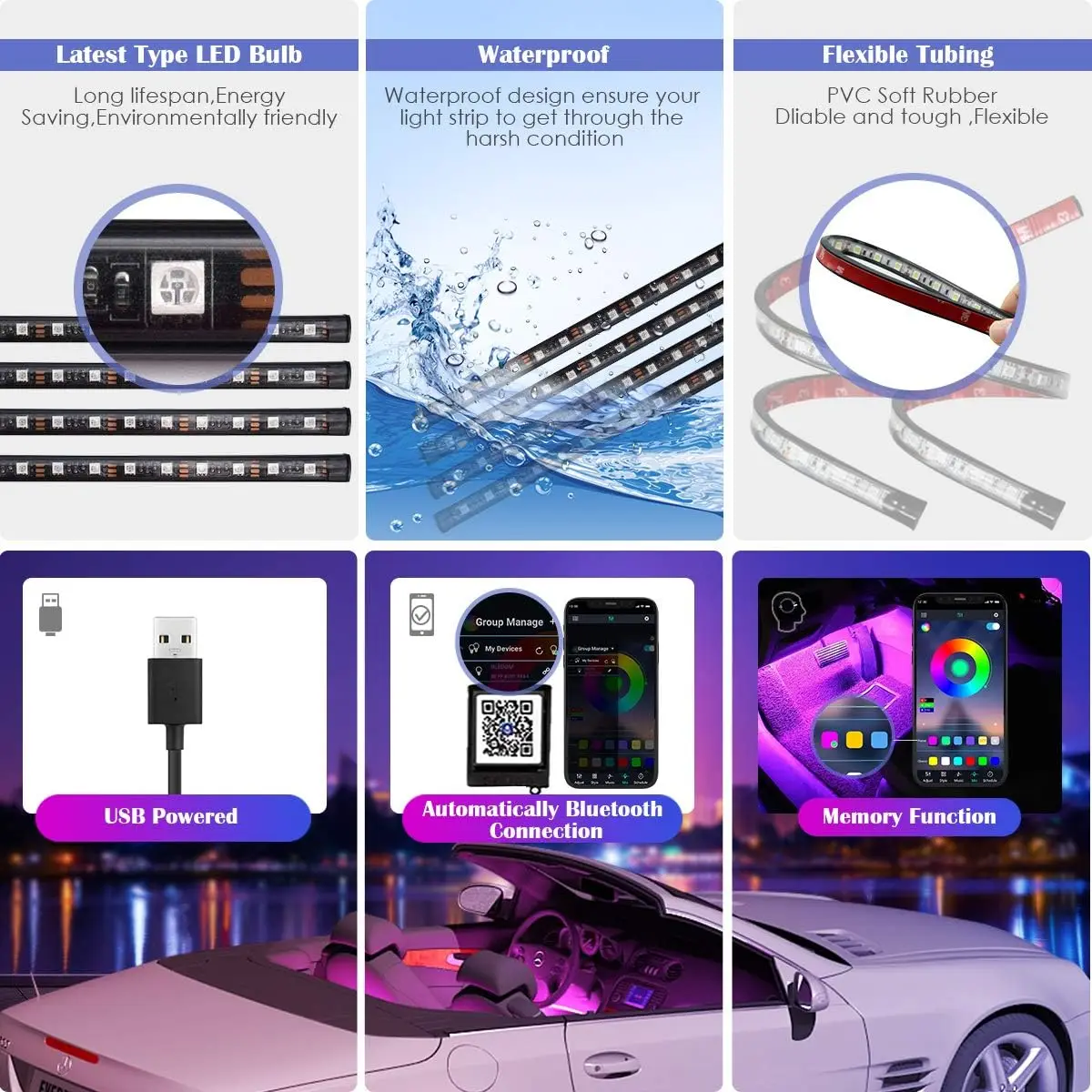 Neon RGB Ambient Interior Car Lights with Music Control and App Integration