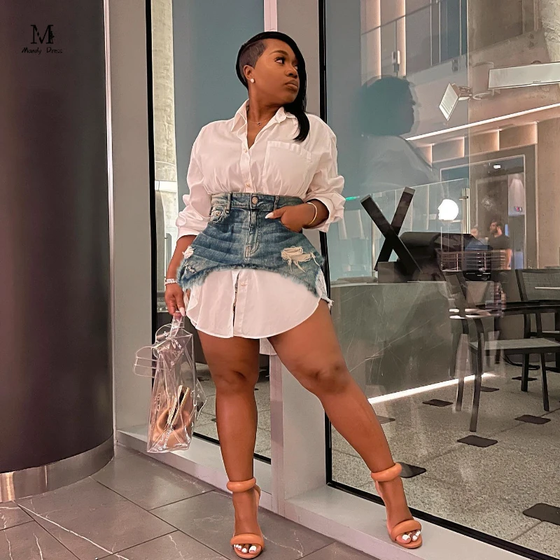 

2023 Chic Women Shirt Dresses With Demin Skirt Set Plus Size Clothing Spring Y2K Streetwear Ladies Casual Short Mini Dress