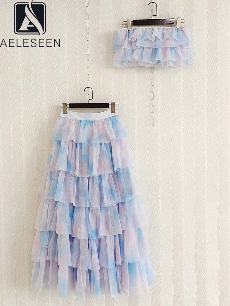 

AELESEEN Contrast Color 2 Pieces Skirt Set Women Summer Slash Neck Short Cropset+ Tiered Tulle Ruffles Skirt Sweety Party