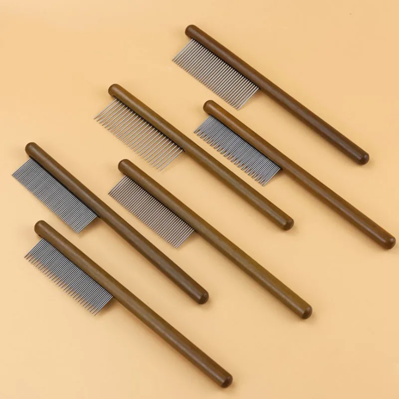 

Wooden Handle Stainless Steel Pet Dog Cat Hair Fur Shedding Trimmer Grooming Professional Comb Brush Beauty Tool