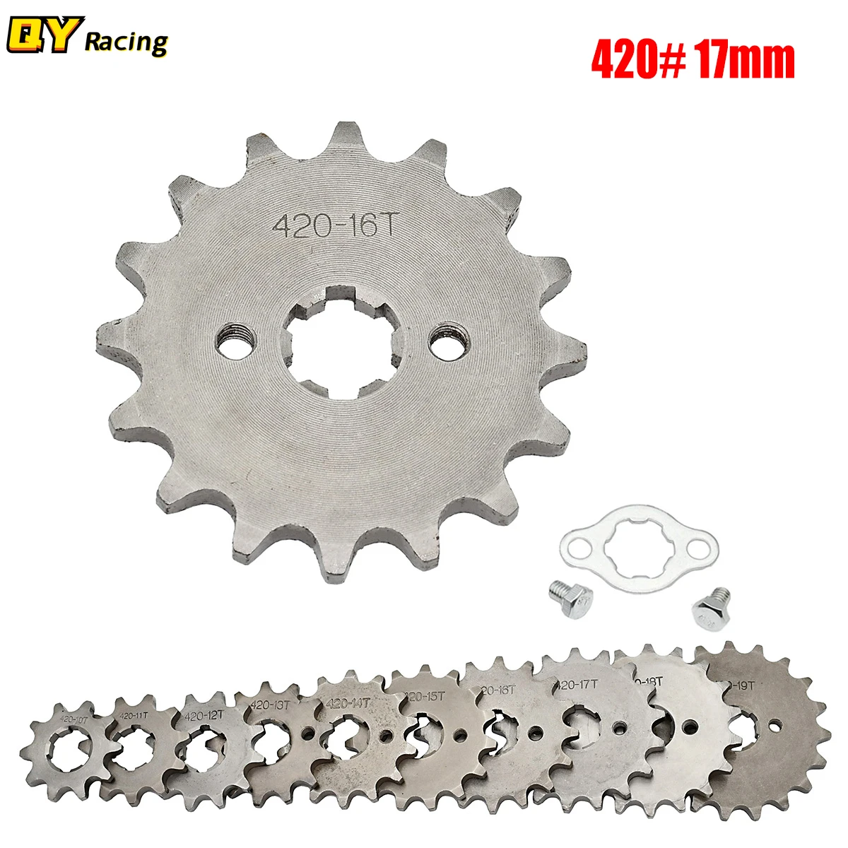 

Front Engine 420# 17mm 10T 11T 12t 13T 14T 15t 16t 17T 18t 19T Toothed Sprocket With Fixed Plate Lock