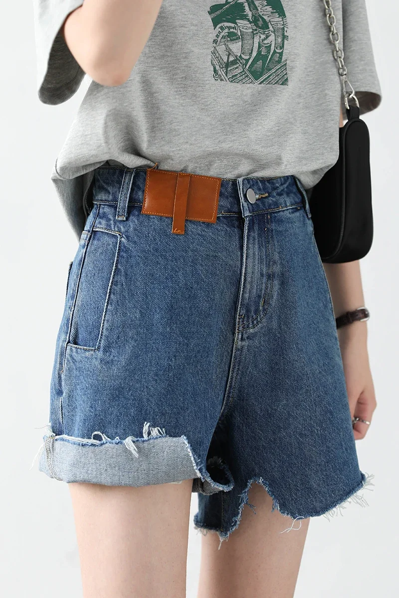 CHIC VEN Women's Denim Shorts Retro Irregularly Cut Blue High-waisted Short Jeans for Women Streetwear Pants Ladies Summer