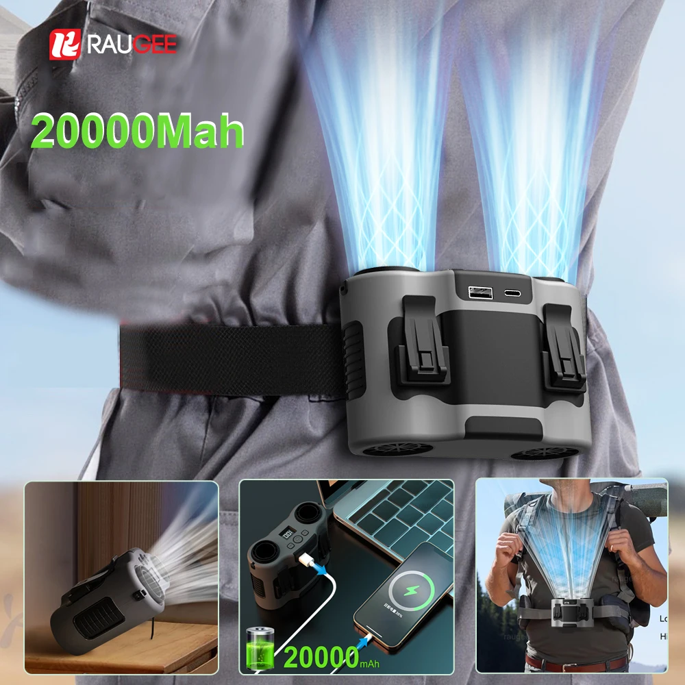 Ventilateur portatif à Clip de taille, Mini ventilateur suspendu Rechargeable par USB pour le travail en plein Air, Double sortie d'air, 20000Mah