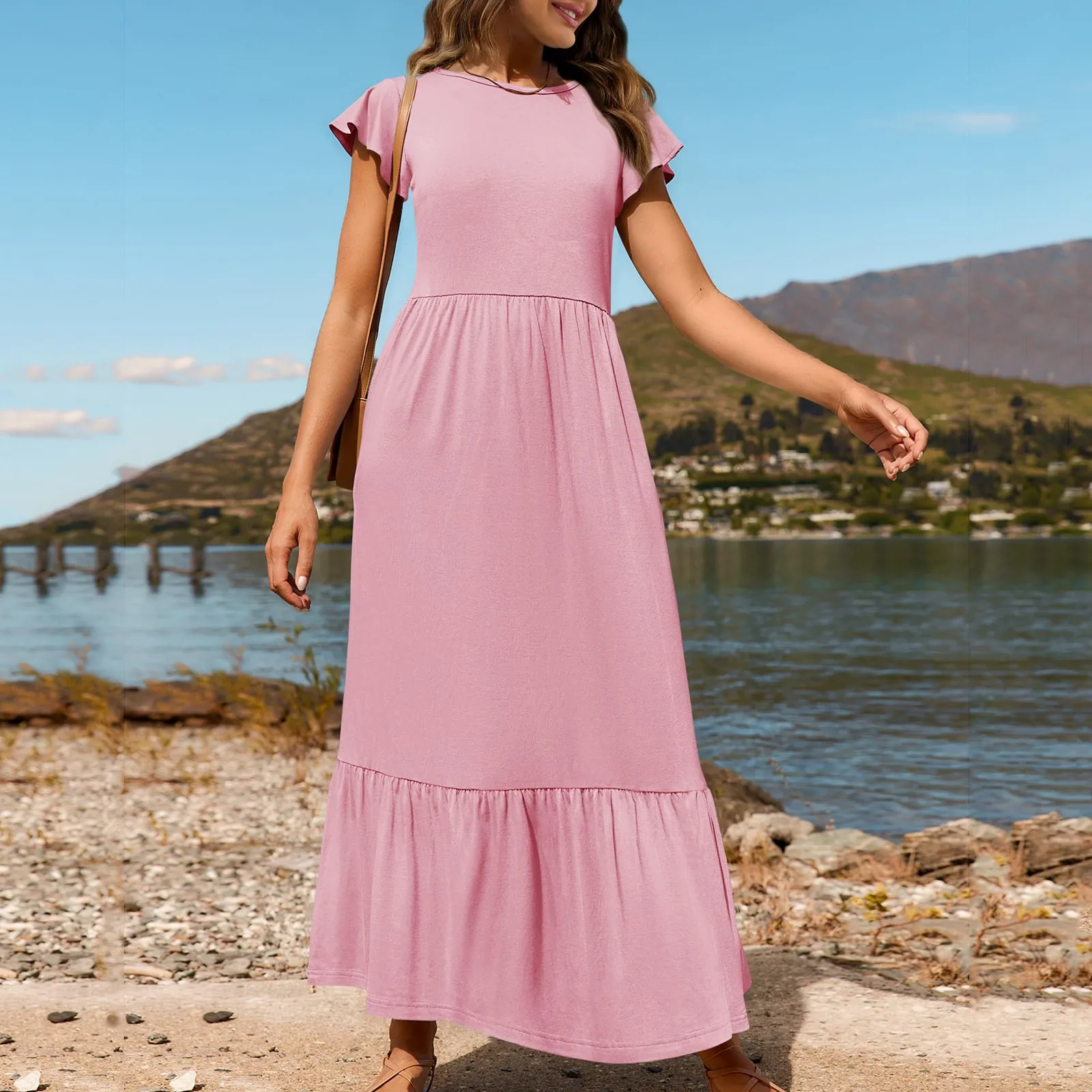 여성용 캐주얼 기본 짧은 꽃잎 소매 크루 넥, 루즈 퓨어 컬러, 우아한 해변, 긴 원피스 큰 밑단, 주머니 달린 여름 