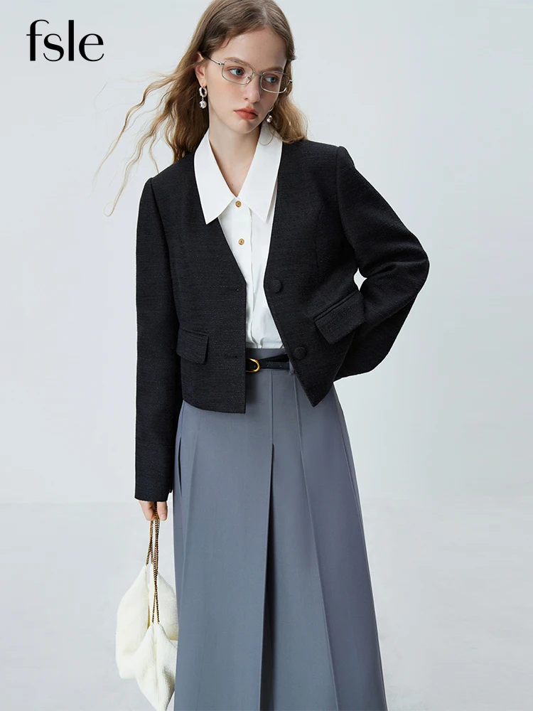

Женский пиджак FSLE, новинка 2023, съемный женский короткий топ, черные женские Топы с длинным рукавом, женские пальто для офиса