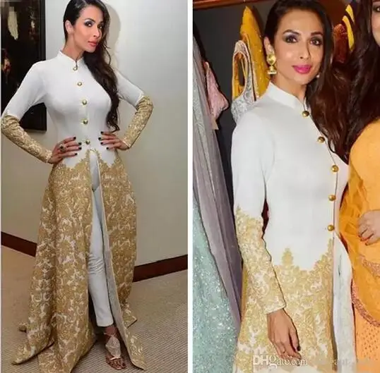 

Long Sleeves High Neck Caftan Evening Dress With Pants Gold Lace Appliques Malaika Arora Khan Arabic Formal Prom jumpsuit gown