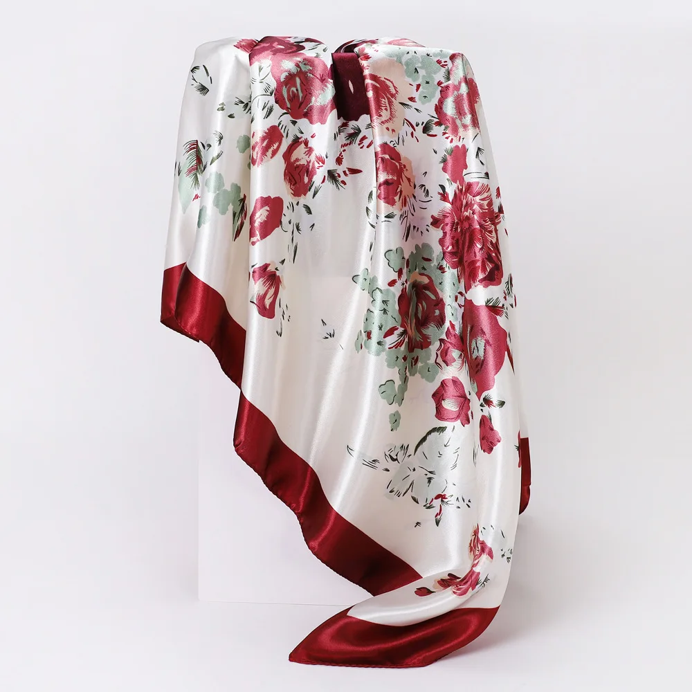 Women Hair Scarf 90*90cm Fashion Designer Beautiful Flowers Foulard Soft Satin Shawl Kerchief Square Silk Scarfs Neck Headscarf