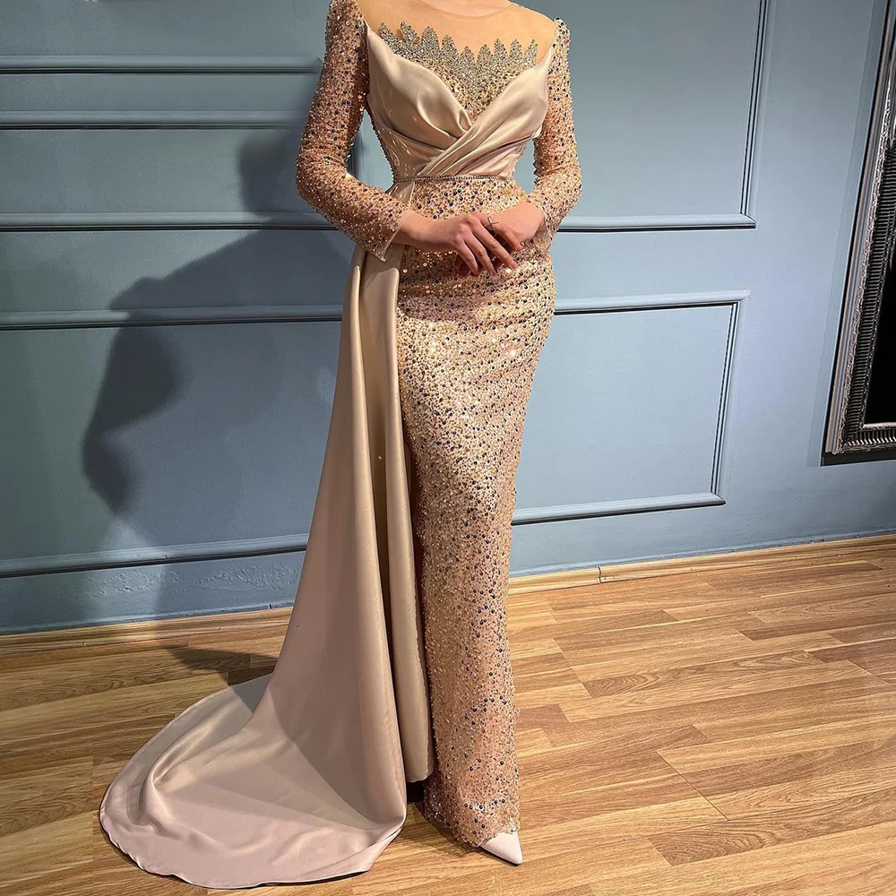 Arabic Dubai Champagne Off Shoulder Sequin Beaded Crystals Mermaid Evening Gown JTE699