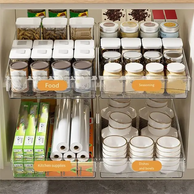 A11E-ลิ้นชักแบบยืดหดได้ รางเลื่อนโปร่งใส ชั้นวางของในครัว กล่องเก็บของแบบเคลื่อนย้ายได้ ตะกร้าเก็บของ กล่องเก็บของ 5