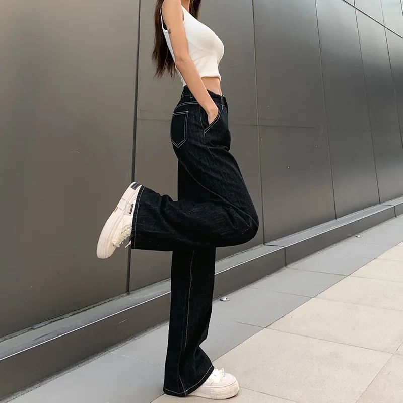 Women Fashion Big Pocket Baggy Trousers Women Fall Pantalones Cargo Jeans Vintage High Waisted Black Jeans Y2k Straight Leg Pant