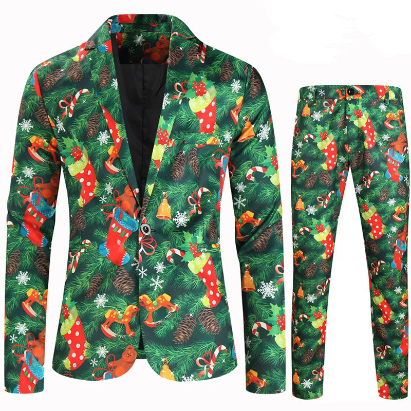 

Dark Green Men's Christmas Suits 2 Piece Patterned Standard Fit Single Breasted One-button 2022 M-4XL