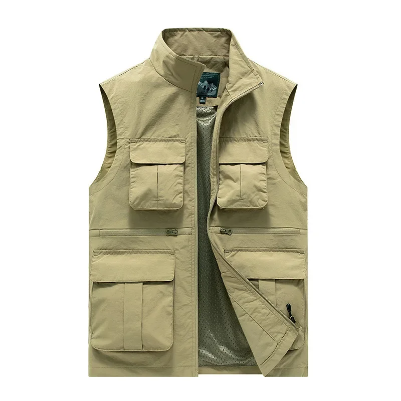 2024 Summer Men's Vest Outdoor Casual Loose Fishing Multi Pocket Mesh Coat Men's Unloading Work Tactical Sleeveless Jacket