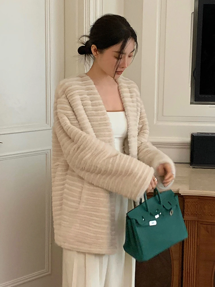 HDHOHR 2024 Real Mink Fur Coat Women Luxury Natural Kintted Mink Fur Jackets Winter Warm Thick Fur Clothes For Female Plus Size