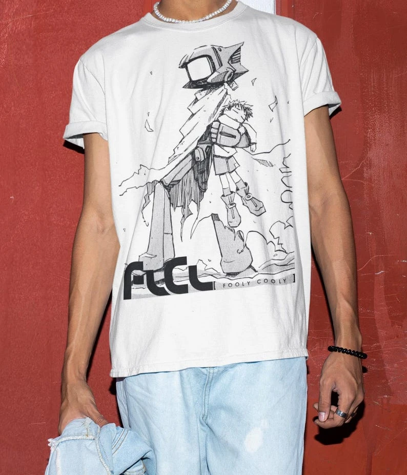 FLCL Anime T-Shirt Vintage Locker Geschnittenes Oversize Unisex Print T-Shirt für Männer und Frauen, Sommerkleidung, Kurzarm, Y2k, Weich, für Paare
