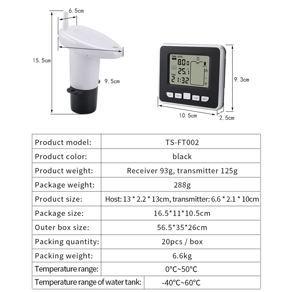 Water Level Meter Ultrasonic Wireless with Temperature Sensor Level Monitor Time Display Low Battery Indicator Alarm