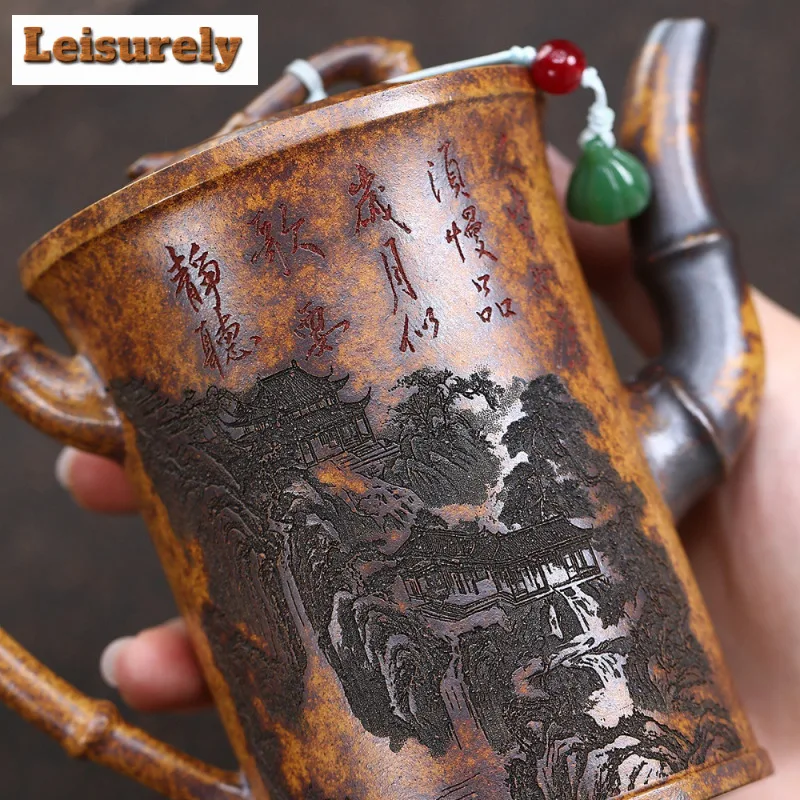 330ml Yixing Purple Clay Teapots Handmade High Bamboo Joint Pot Raw Ore The Keel Gold Sand Mud Kettle With Strainer Zisha Teaset