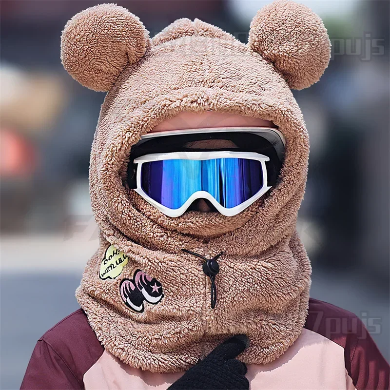 Skiing Helmet Cover Panda Skiing Plush Hats Comfortable Soft Wool Winter 3D Bear Ear Cute Riding Mask Keep Warm Caps