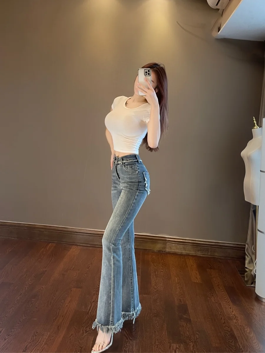 WOMENGAGA Tassel Flare Pants Jeans 2023 New Slim High Waist Elastic Horseshoe Pants Denim Trousers Fashion Women sexy K5BG