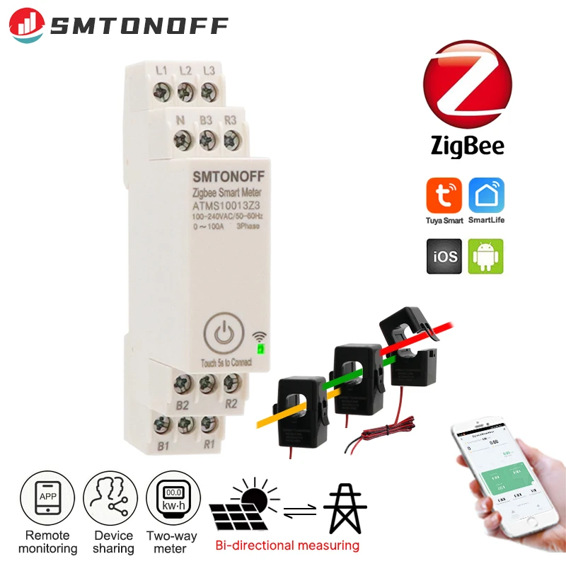 Zigbee Tuya Threee phase 100A Smart Energy Power Monitor with external Current transformer CT 380V /415V 50Hz 60Hz