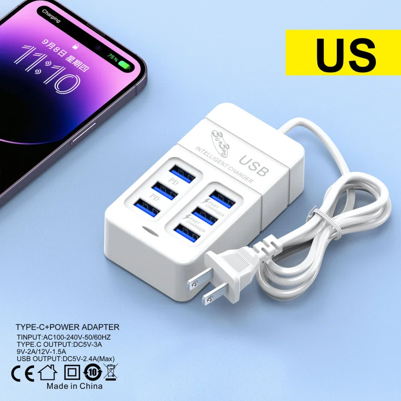 Fast Quick Charger 6 Ports PD USB Wall Socket Power Adapter Phone Charging Station HUB Plug Dock For iPhone Samsung Seat Charger