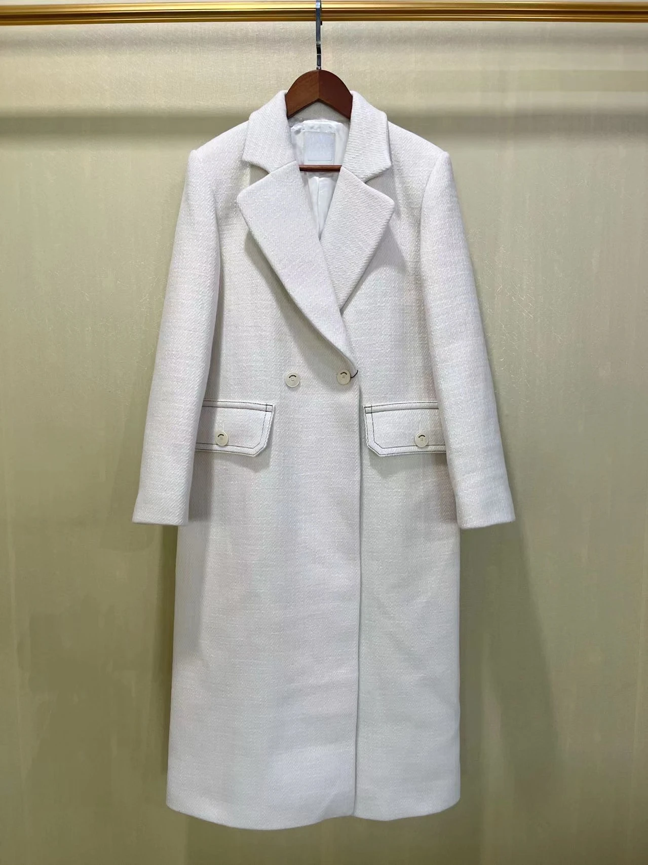 Simple Fashion Autumn And Winter New Style Suit Collar Double Breasted Long Off White Coat Women