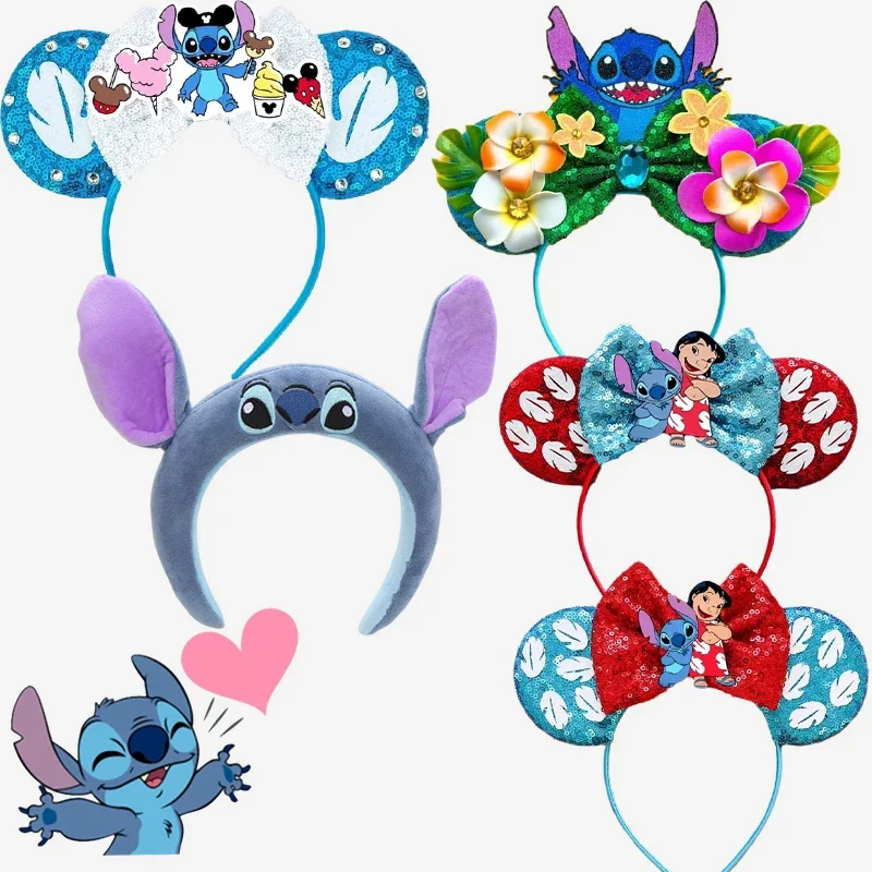 Disney Lilo & Stitch Hairdbands Women Cute Angel Ears Headbands Girls Flower Sequins Bow Hair Band Kids Leaves Hair Accessories
