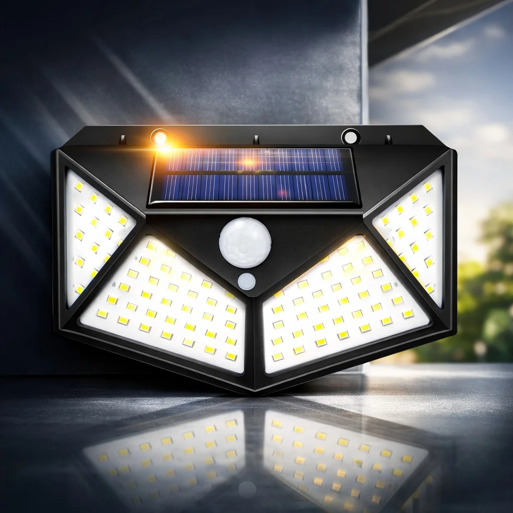 태양광 발전 100 LED 모션 센서 벽 조명, 정원, 울타리, 마당, 통로 장식용 방수 야외 보안 램프