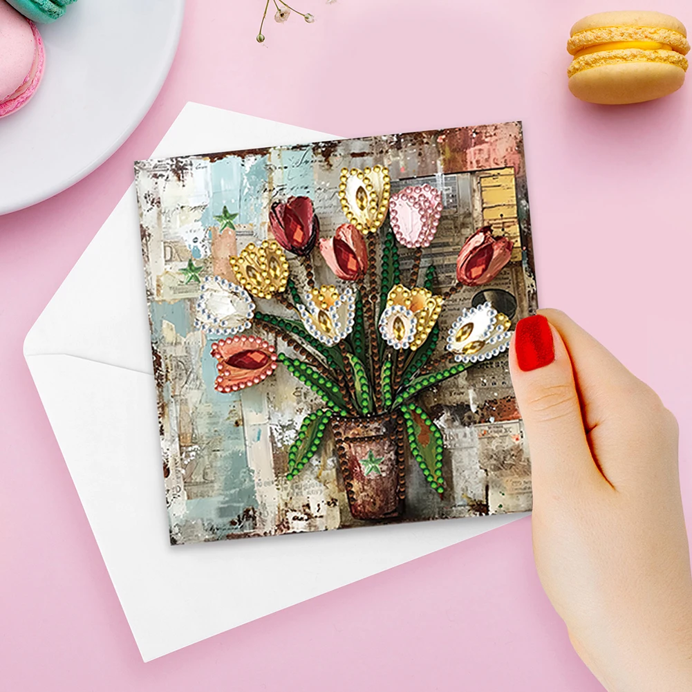 6PCS DIY Diamond Painting Greeting Card Set Rhinestone Diamond Art Mosaic Postcards for Friend Family Lover