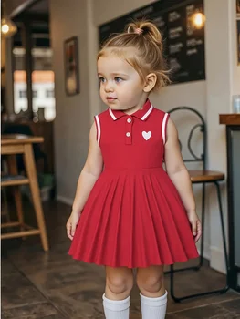Vintage Red Sleeveless Polo Collar Dress - Heart Accent Pleated Skirt Girls Sweet Preppy Style Outfit 1