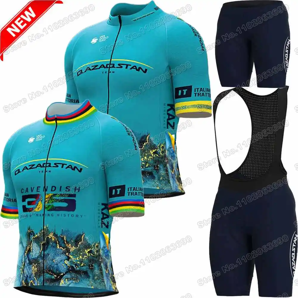 2024 Qazaqstan Team Cycling Jersey Set World Champion Mark Cavendish 35 Cycling Clothing Men Road Bike Shirts Suit Bicycle Pants