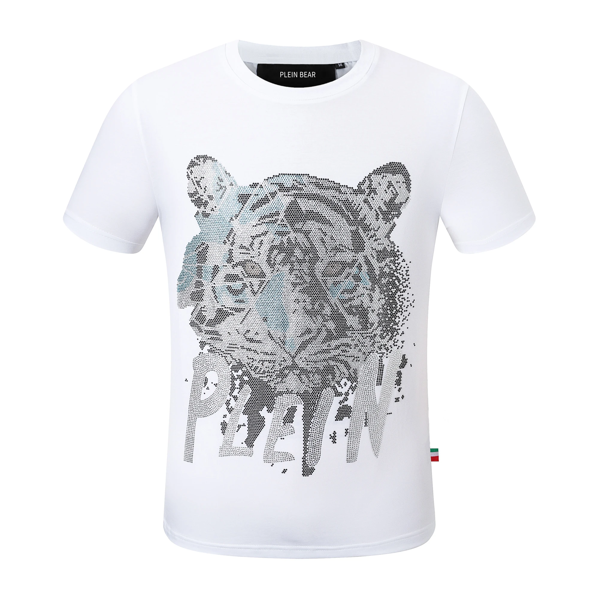 

PLEIN BEAR Men's T-SHIRT Blue Tiger WITH CRYSTALS 100% Cotton T-shirts Men Tops Comfortable Tees 1332